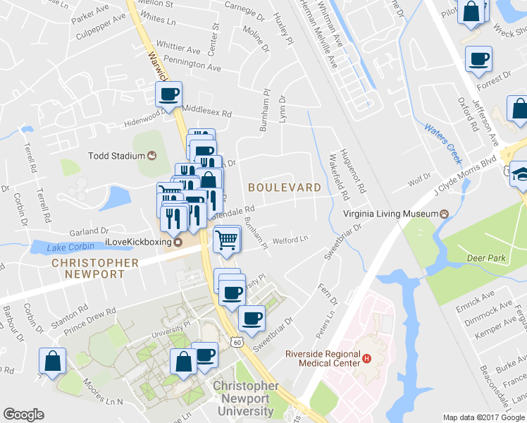 map of restaurants, bars, coffee shops, grocery stores, and more near 28 Glendale Road in Newport News