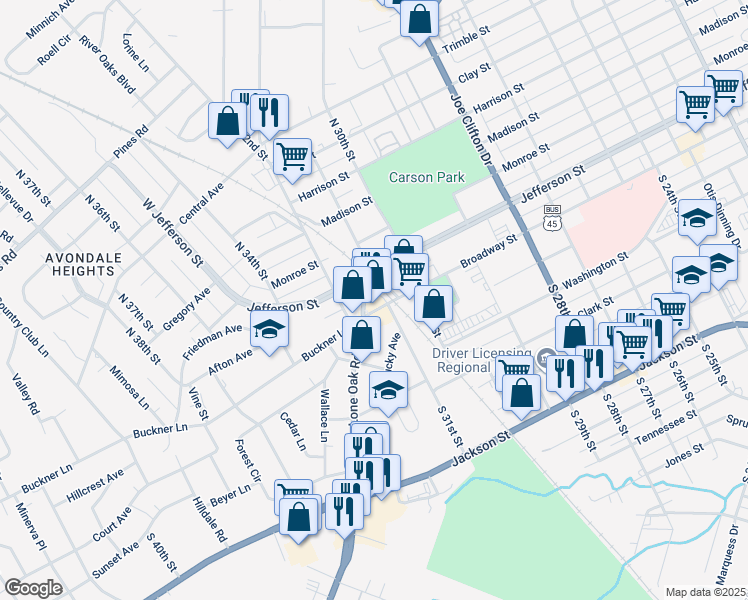 map of restaurants, bars, coffee shops, grocery stores, and more near 101-199 Labelle Street in Paducah