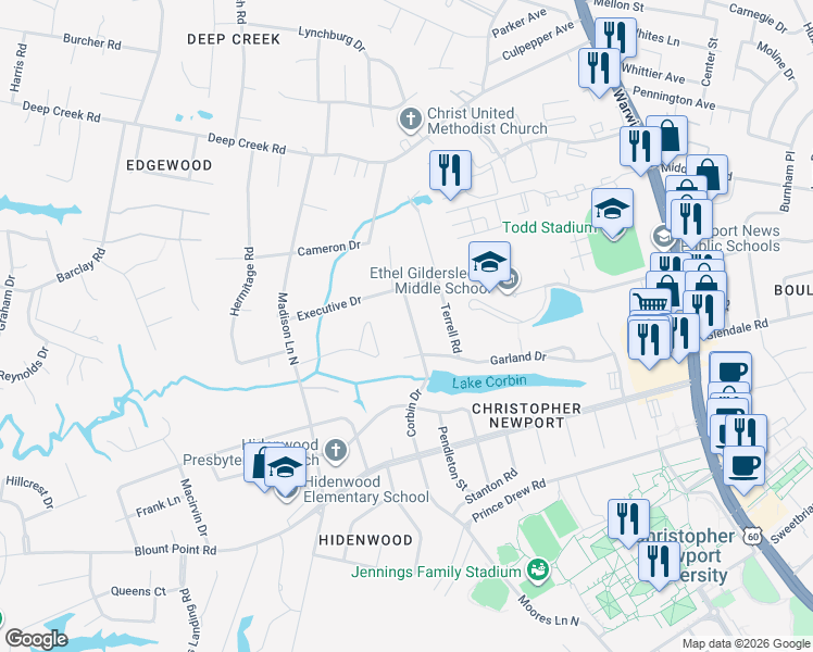 map of restaurants, bars, coffee shops, grocery stores, and more near 307 Corbin Drive in Newport News