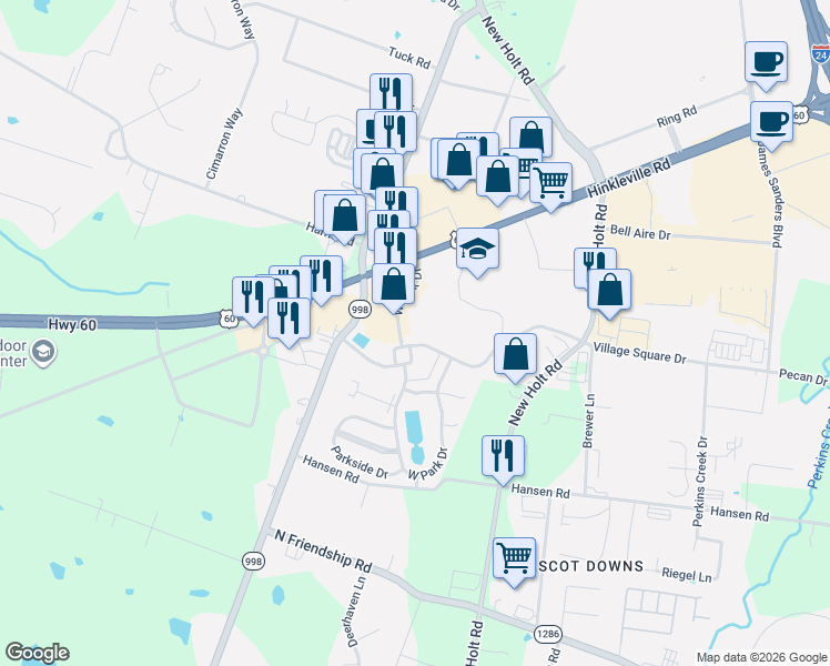 map of restaurants, bars, coffee shops, grocery stores, and more near 2106-2122 West Park Drive in Paducah
