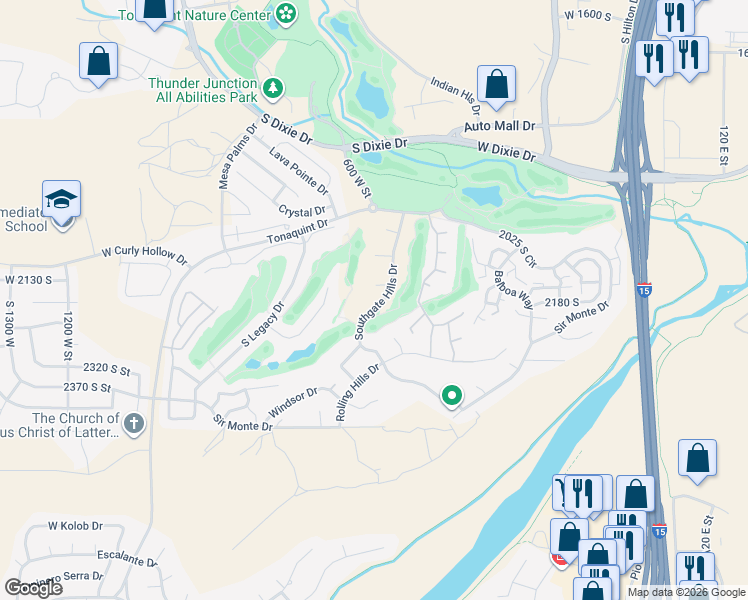 map of restaurants, bars, coffee shops, grocery stores, and more near 2176 Southgate Hills Drive in St. George
