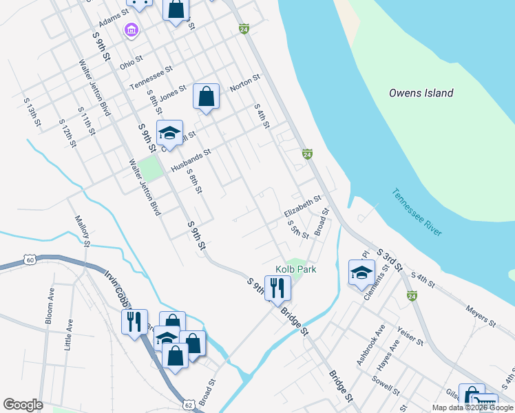 map of restaurants, bars, coffee shops, grocery stores, and more near George Street in Paducah
