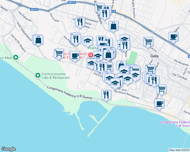map of restaurants, bars, coffee shops, grocery stores, and more near Via Emanuele Morselli in Gela