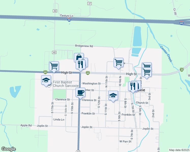 map of restaurants, bars, coffee shops, grocery stores, and more near 1212 High St in Sarcoxie