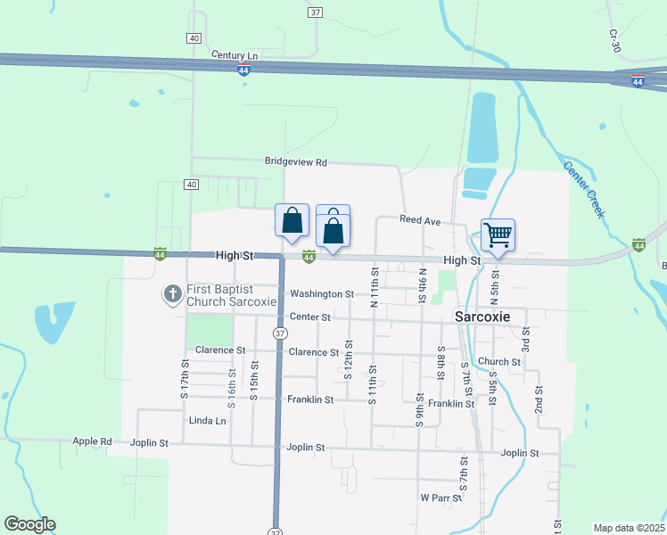 map of restaurants, bars, coffee shops, grocery stores, and more near 1212 High St in Sarcoxie