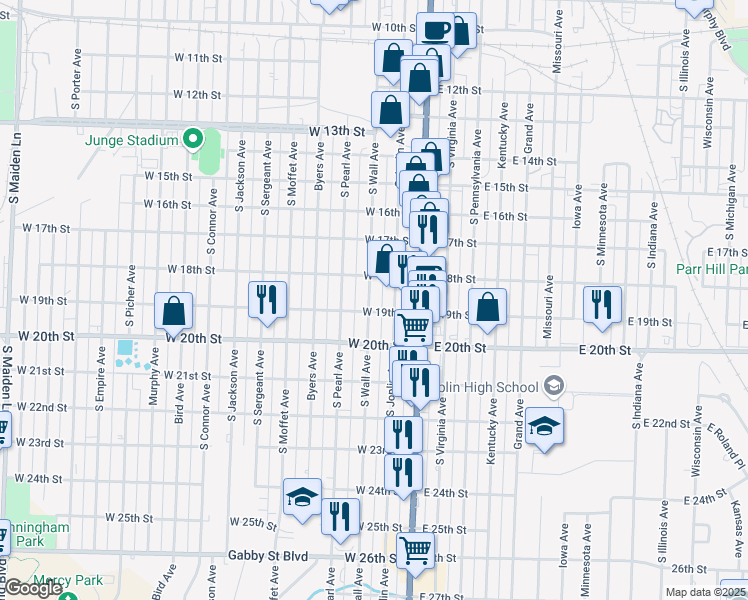 map of restaurants, bars, coffee shops, grocery stores, and more near 1823 South Wall Avenue in Joplin