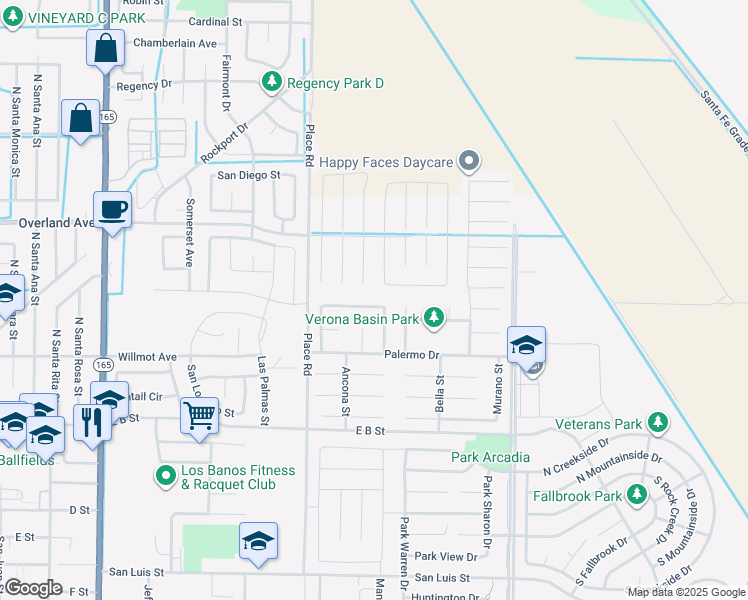 map of restaurants, bars, coffee shops, grocery stores, and more near 2081 Venezia Street in Los Banos