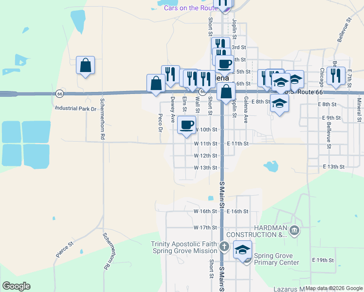 map of restaurants, bars, coffee shops, grocery stores, and more near 1100-1198 Elm St in Galena