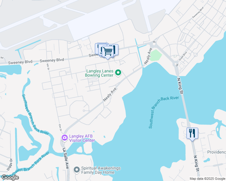 map of restaurants, bars, coffee shops, grocery stores, and more near Nealy Avenue in Hampton