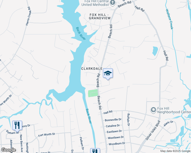 map of restaurants, bars, coffee shops, grocery stores, and more near 151 Beach Road in Hampton