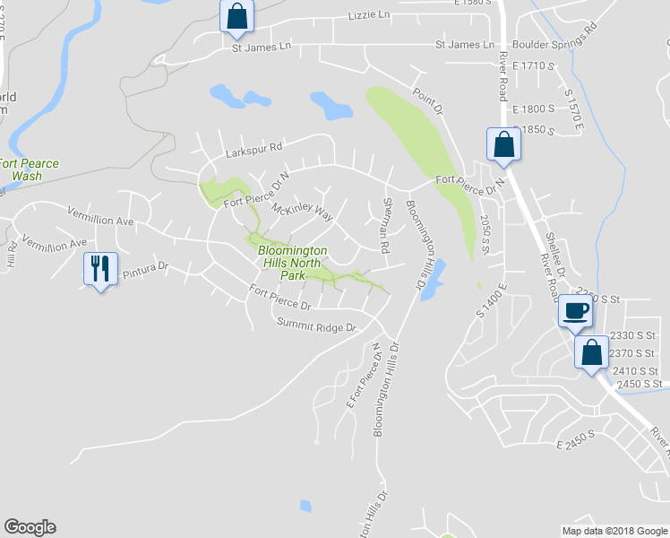 map of restaurants, bars, coffee shops, grocery stores, and more near 2145 Kennedy Place in St. George