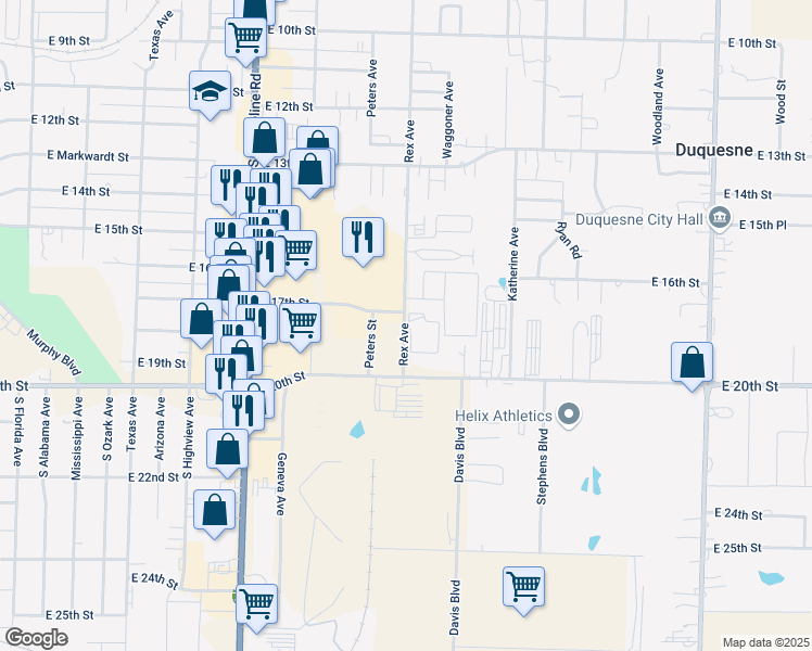 map of restaurants, bars, coffee shops, grocery stores, and more near 3505 East 20th Street in Joplin