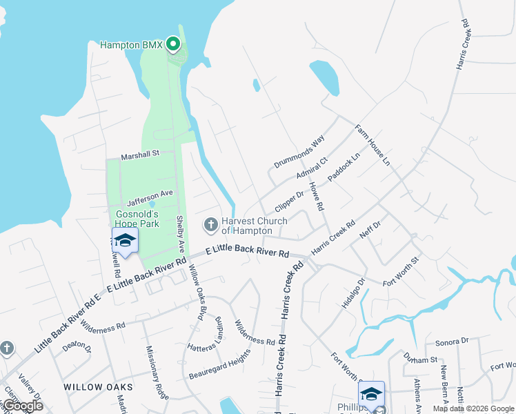 map of restaurants, bars, coffee shops, grocery stores, and more near 115 Commodore Drive in Hampton