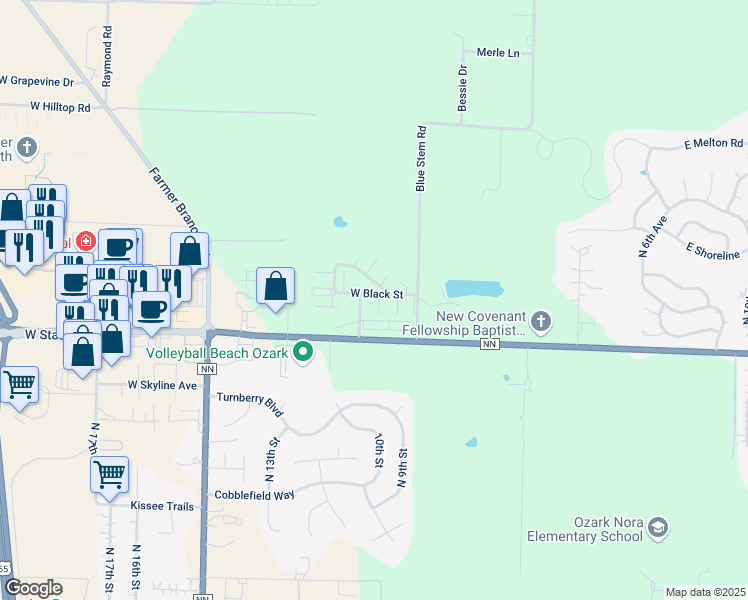 map of restaurants, bars, coffee shops, grocery stores, and more near 935 West Black Street in Ozark