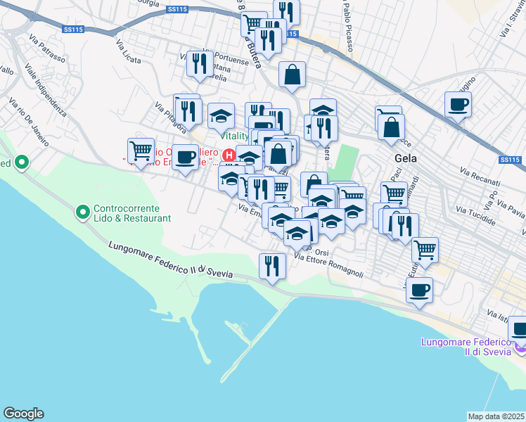 map of restaurants, bars, coffee shops, grocery stores, and more near 2 Via Meli in Gela