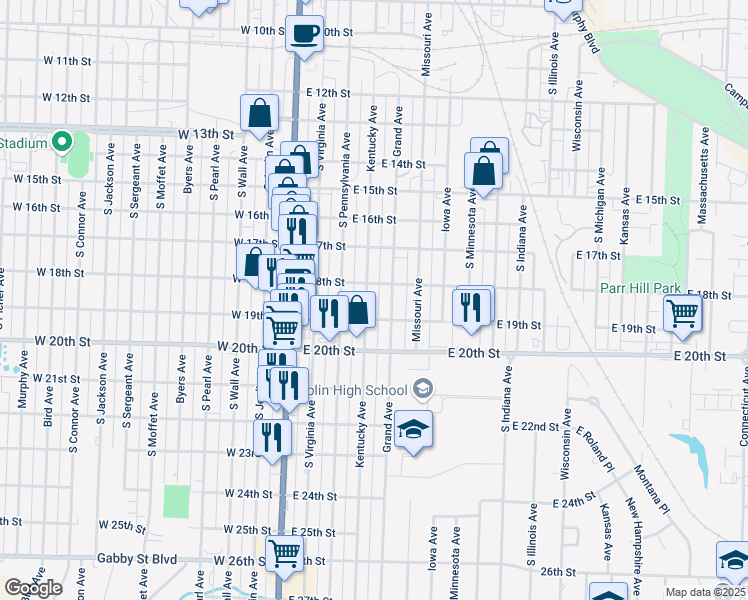 map of restaurants, bars, coffee shops, grocery stores, and more near 1823 Kentucky Avenue in Joplin