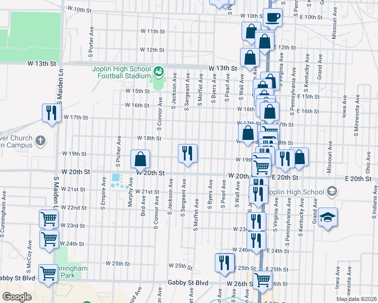 map of restaurants, bars, coffee shops, grocery stores, and more near 1832 South Sergeant Avenue in Joplin