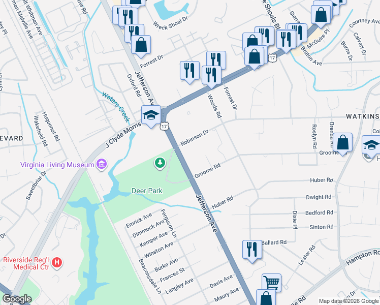 map of restaurants, bars, coffee shops, grocery stores, and more near 11526 Jefferson Avenue in Newport News