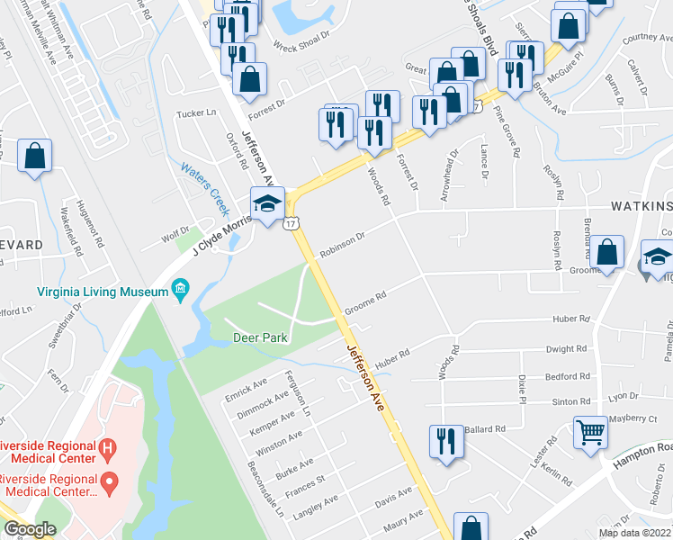 map of restaurants, bars, coffee shops, grocery stores, and more near 11526 Jefferson Ave in Newport News