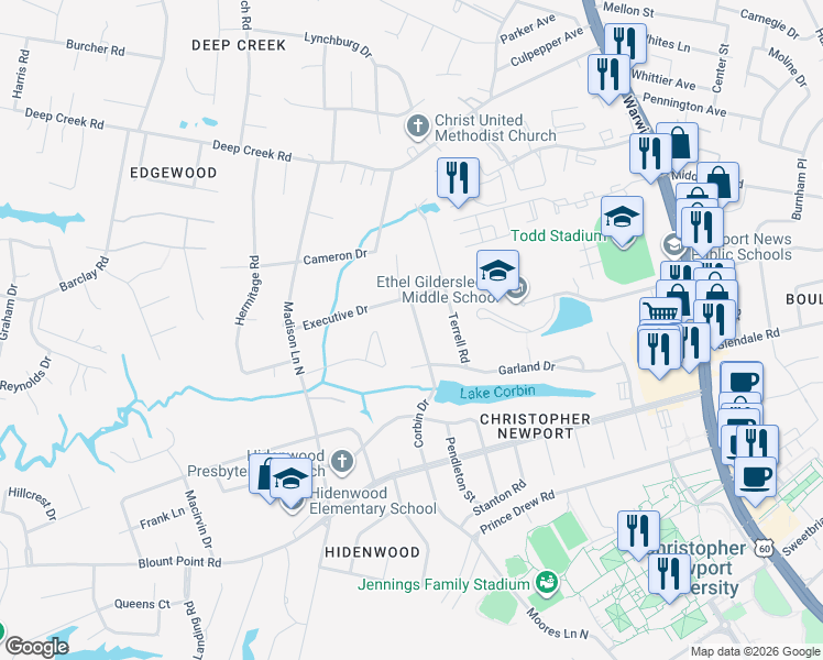 map of restaurants, bars, coffee shops, grocery stores, and more near 307 Corbin Drive in Newport News