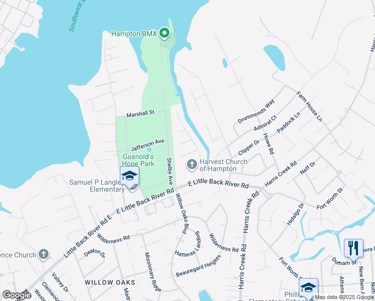 map of restaurants, bars, coffee shops, grocery stores, and more near 8 Overlook Court in Hampton