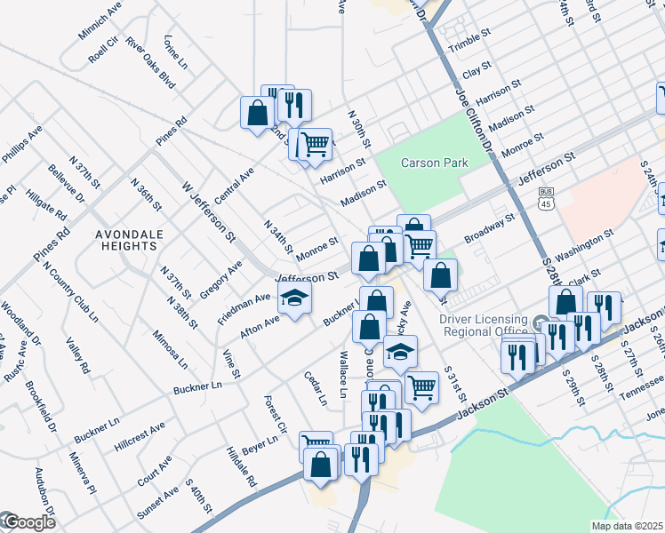 map of restaurants, bars, coffee shops, grocery stores, and more near 3202 Jefferson Street in Paducah