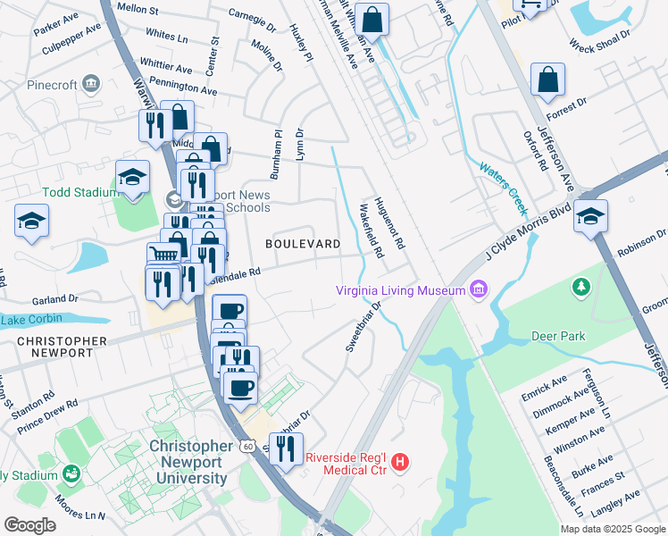 map of restaurants, bars, coffee shops, grocery stores, and more near 95 Glade Road in Newport News