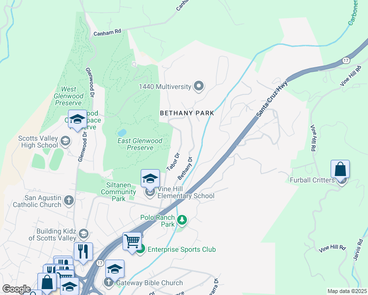 map of restaurants, bars, coffee shops, grocery stores, and more near 440 Tabor Drive in Scotts Valley