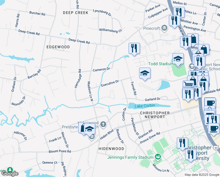map of restaurants, bars, coffee shops, grocery stores, and more near 25 Walnut Grove in Newport News