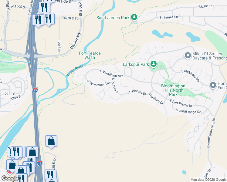 map of restaurants, bars, coffee shops, grocery stores, and more near 2282 South Pintura Drive in St. George