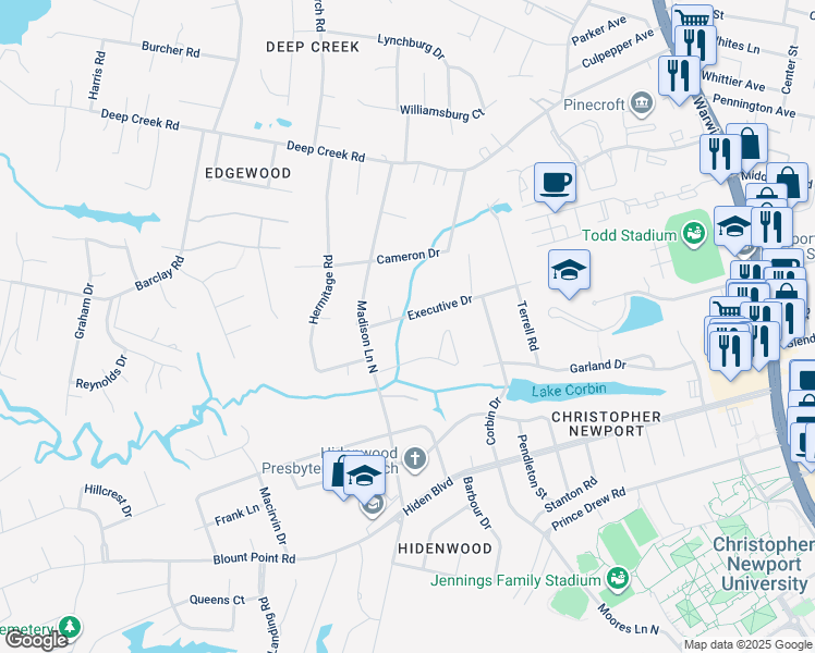 map of restaurants, bars, coffee shops, grocery stores, and more near 6 Executive Drive in Newport News