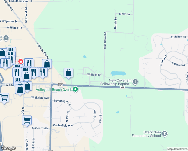 map of restaurants, bars, coffee shops, grocery stores, and more near 935 West Black Street in Ozark