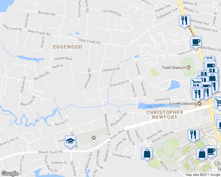 map of restaurants, bars, coffee shops, grocery stores, and more near 6 Executive Drive in Newport News