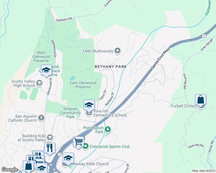 map of restaurants, bars, coffee shops, grocery stores, and more near 440 Tabor Drive in Scotts Valley