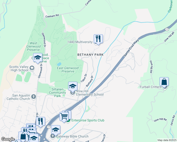 map of restaurants, bars, coffee shops, grocery stores, and more near 440 Tabor Drive in Scotts Valley