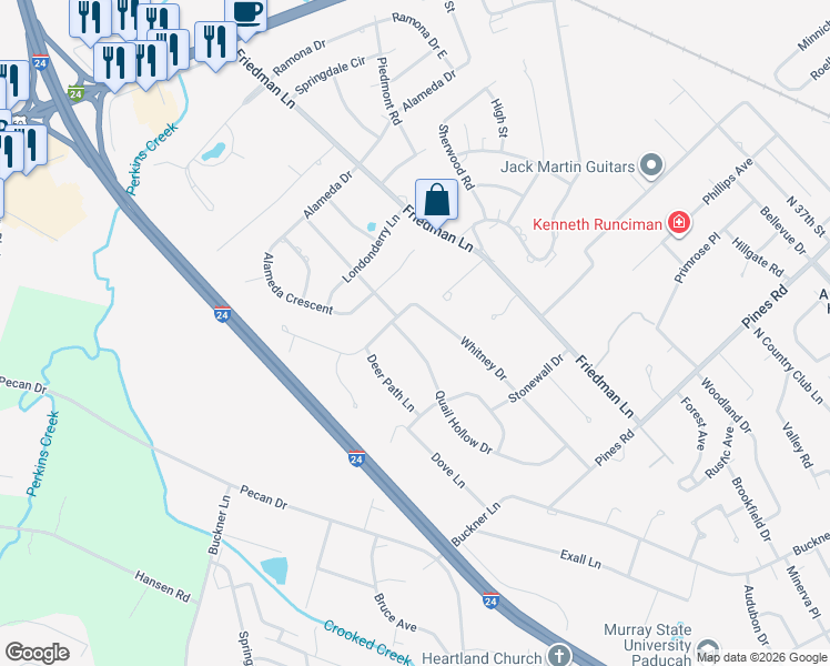 map of restaurants, bars, coffee shops, grocery stores, and more near 4600-4698 Quail Hollow Dr in Paducah