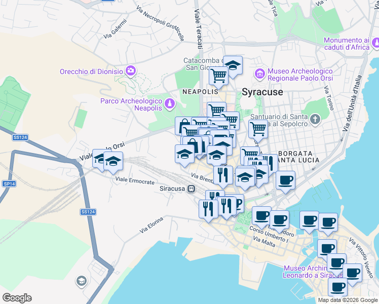 map of restaurants, bars, coffee shops, grocery stores, and more near 6 Via Sele in Siracusa