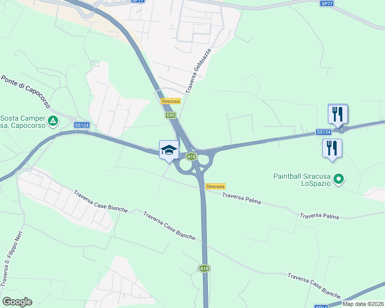 map of restaurants, bars, coffee shops, grocery stores, and more near Via per Floridia in Province of Syracuse