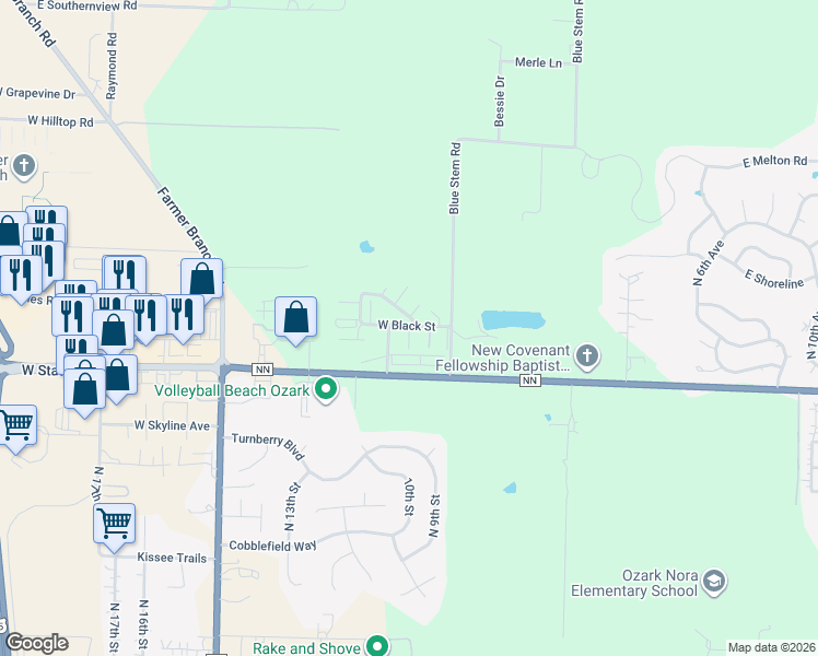 map of restaurants, bars, coffee shops, grocery stores, and more near 5591 North Green Lane in Ozark