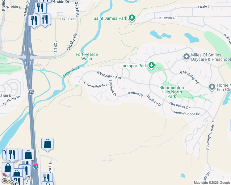 map of restaurants, bars, coffee shops, grocery stores, and more near 2277 South Pintura Drive in St. George