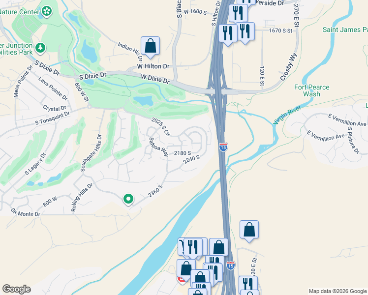 map of restaurants, bars, coffee shops, grocery stores, and more near 193 Oasis Drive in St. George