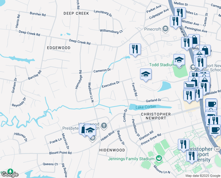map of restaurants, bars, coffee shops, grocery stores, and more near 25 Walnut Grove in Newport News