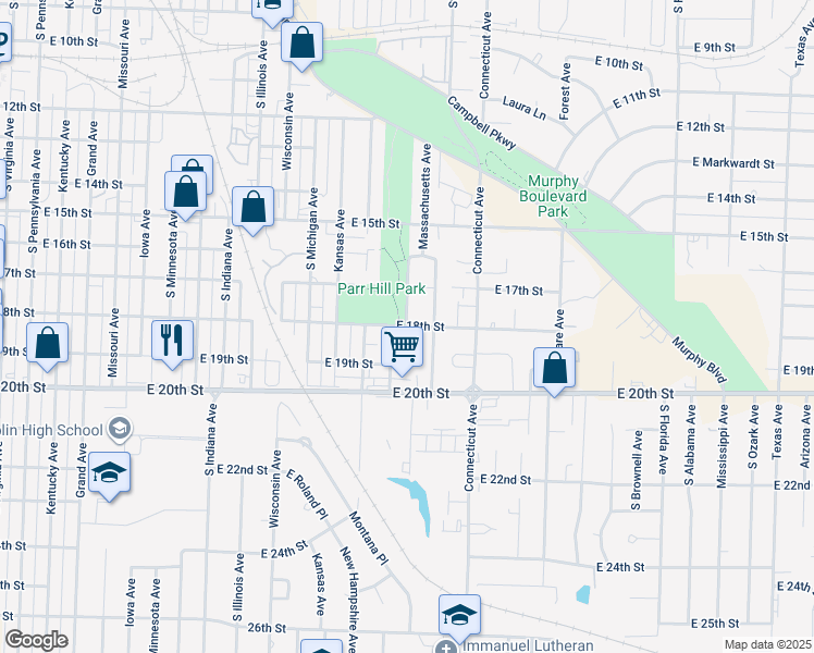 map of restaurants, bars, coffee shops, grocery stores, and more near 1598 East 18th Street in Joplin