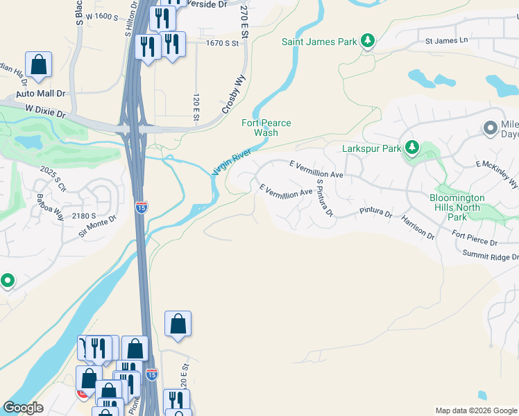 map of restaurants, bars, coffee shops, grocery stores, and more near 2255 Hill Rd in St George