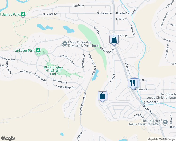 map of restaurants, bars, coffee shops, grocery stores, and more near 1180 East Sherman Circle in St. George