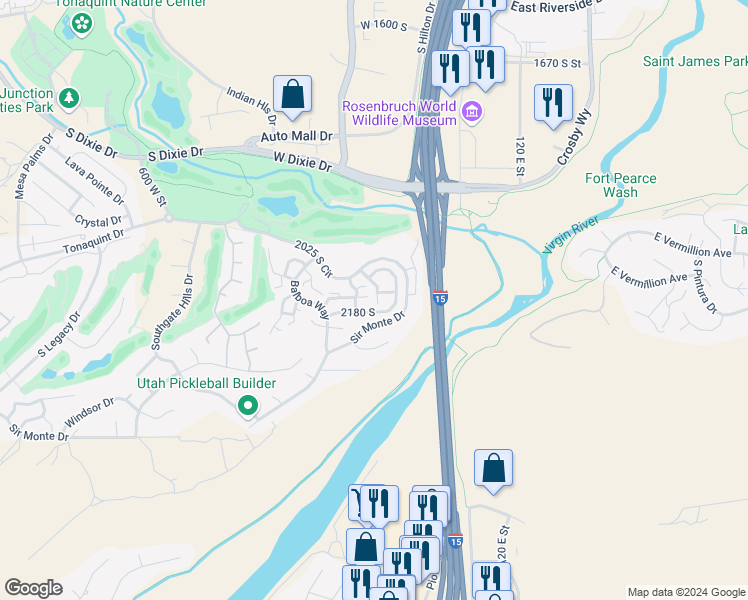map of restaurants, bars, coffee shops, grocery stores, and more near 181 West Mohave Heights in St. George