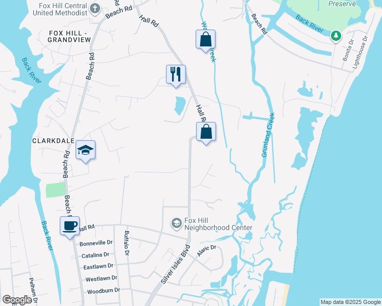 map of restaurants, bars, coffee shops, grocery stores, and more near 176 Hall Road in Hampton
