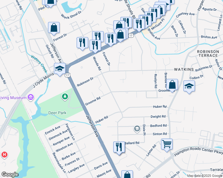 map of restaurants, bars, coffee shops, grocery stores, and more near 25 Groome Road in Newport News