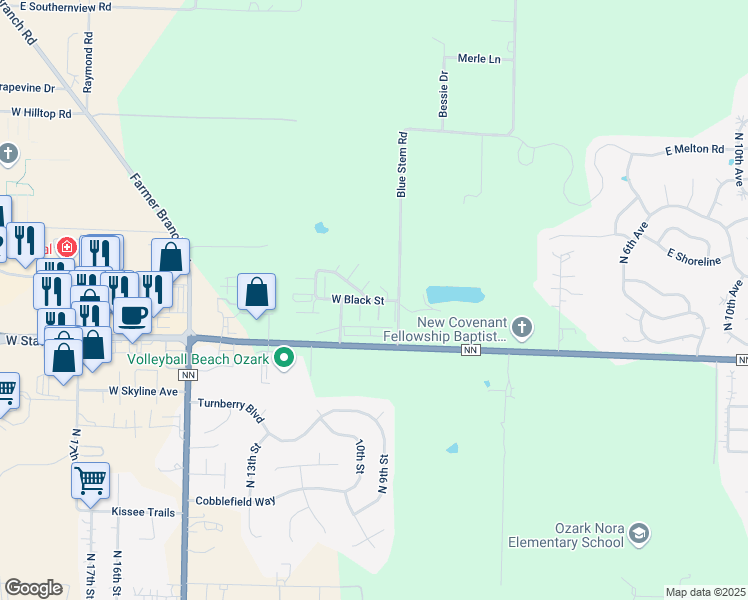 map of restaurants, bars, coffee shops, grocery stores, and more near 935 West Black Street in Ozark