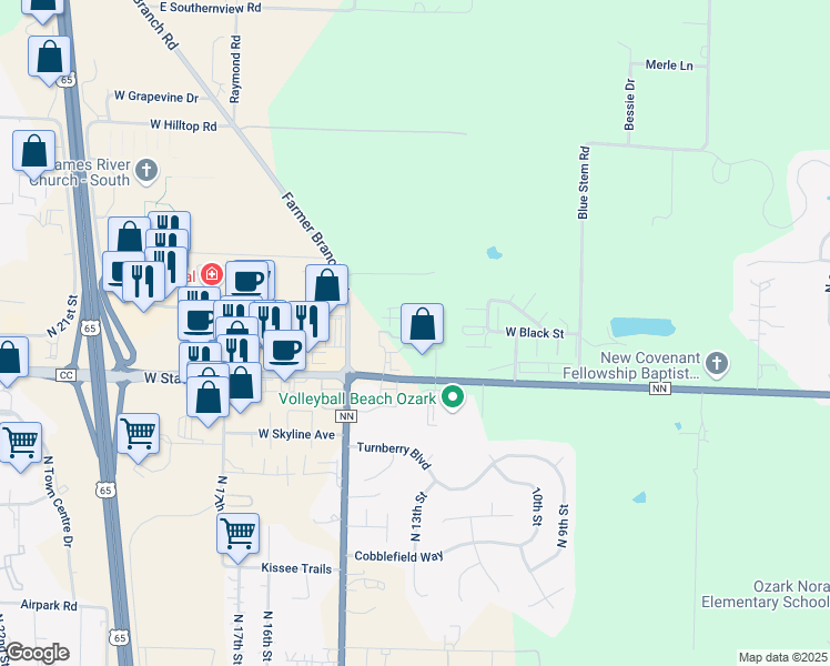 map of restaurants, bars, coffee shops, grocery stores, and more near 5451 North 12th Street in Ozark